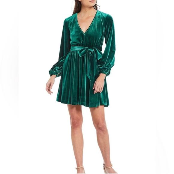 NWT! Badgley Mischka Harmony V-Neck Long Sleeve Velvet Mini - Size 0 - Picture 1 of 6
